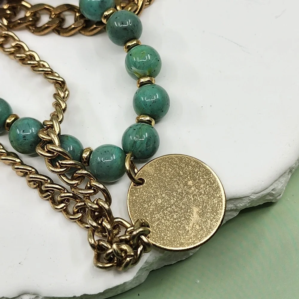 New York & Co. Gold Tone Multi Strand Green Orange Bead Coin Pendant Necklace